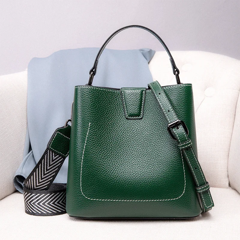 

Versatile Bucket Bag Designer Green 100% Leather Ladies Shoulder Bag Wide Strap Luxury High Quality Small Handbag
