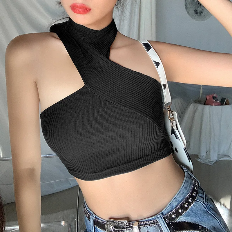 

Sexy Fashion y2k Croped Backless Knitted Crop Top Women Streetwear Casual Tie Up Streetwear Irregular Skinny Club Camis White