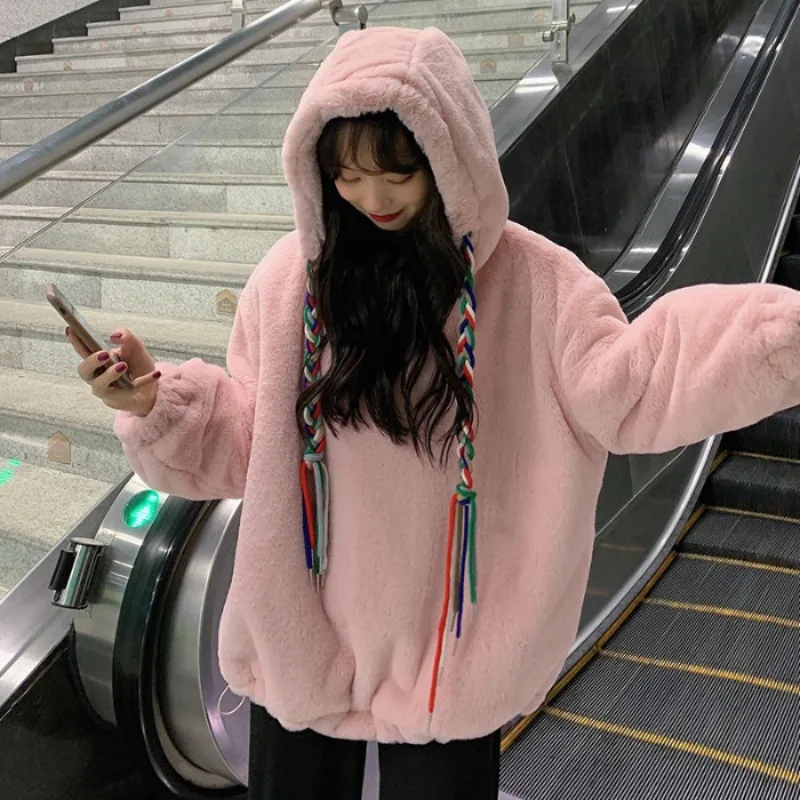 

Autumn Women Padded Thicken Sweatshirt Hooded Long Sleeve Solid Tops Winter Loose Warm Chic Fleece Soft Colorful Ropes Coat Y2k