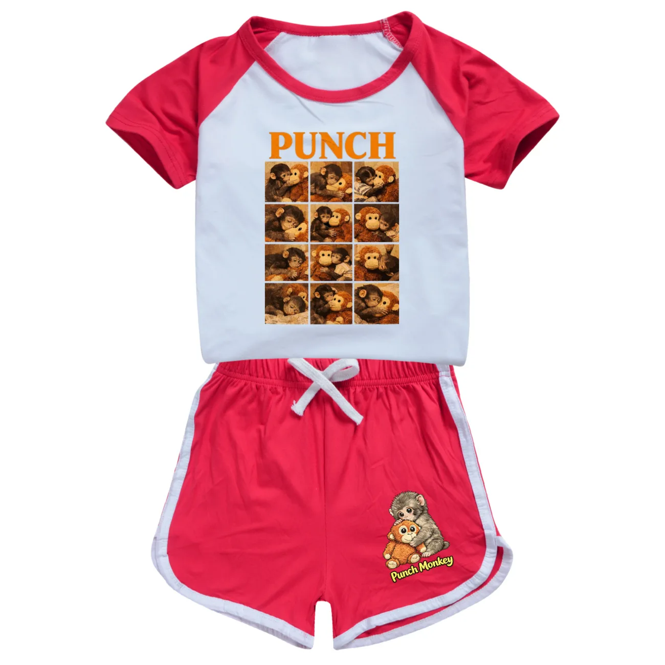 Фото Детский летний пижамный комплект Hot Team Punch Monkey: футболка с коротким рукавом и шорты для девочек, 2 предмета, спортивный костюм №1