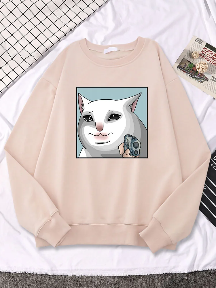

Cartoons Sad Lovelorn Cat With Gun Print Women Hoodie Funny Creative Clothes Street Hip Hop Tops Autumn Fleece Womans Sweatshirt