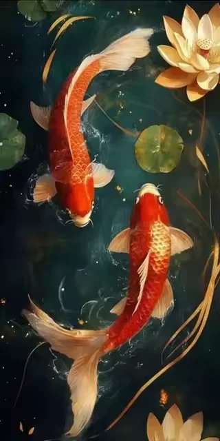 Алмазная живопись большого размера с цветком лотоса и карпом