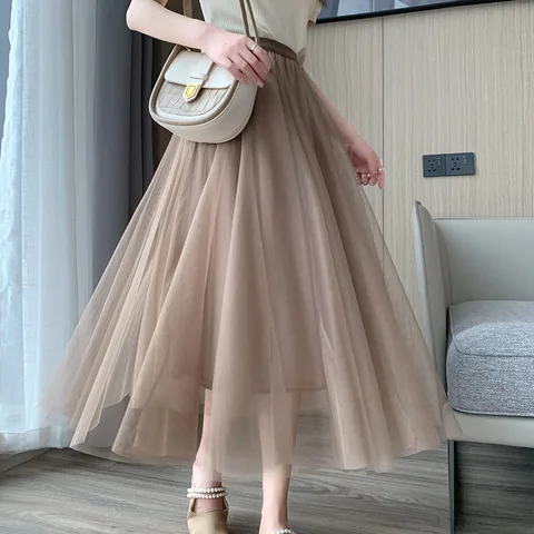 Женская длинная Плиссированная Юбка-пачка, винтажная фатиновая юбка с высокой эластичной талией, весна-лето 2023