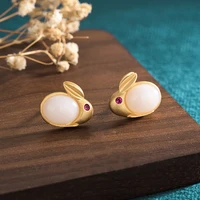 china style ancient gold plated stud earrings cute rabbit inlaid white hetian jade red zircon earrings for women ear jewelry