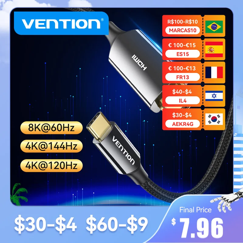 Vention USB C to HDMI Cable 8K Type c HDMI Thunderbolt 3 Adapter for MacBook Samsung Galaxy S10/S9 Huawei Honor Type c to HDMI