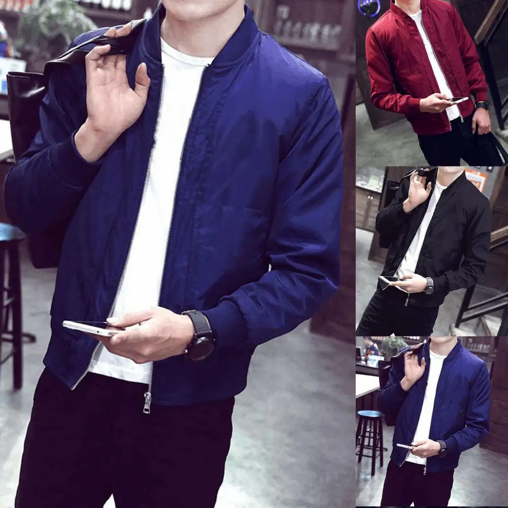 

Men Coat Solid Color Stand Collar Zipper Cardigan Spring Jacket for Daily Wear