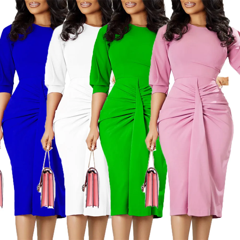 Dress Women Elegant Solid Round Neck Puff Sleeve Slim Pleated Pencil Dress Women Bodycon Dresses