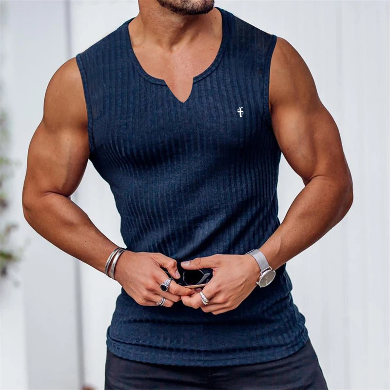 

Gym Sports Fitness Men Vest Summer Casual Fashion Men's Clothing Vertical Stripe Quick Dry Breathable Stretch Sleeveless T-Shirt