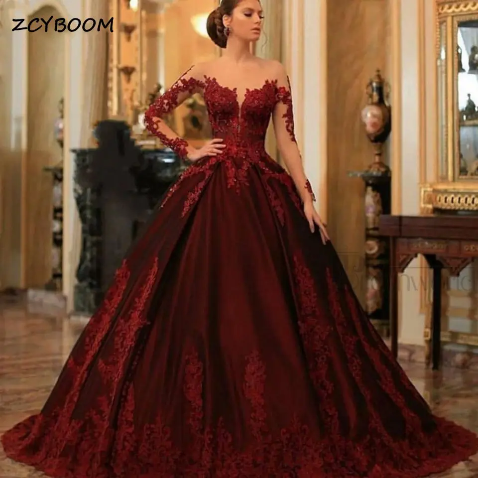 

Luxury Burgundy Long Sleeves Formal Evening Dresses 2023 Scoop Neck Lace Appliques Ball Gown Prom Gown For Women Robes De Soirée