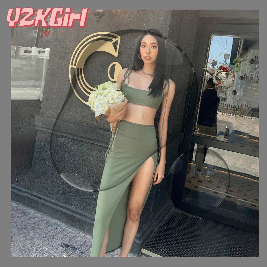 

Модное Элегантное платье макси Y2KGIRL, комплект из 2 предметов, бандажные сексуальные короткие топы, жилет + длинная юбка с глубоким вырезом, по...