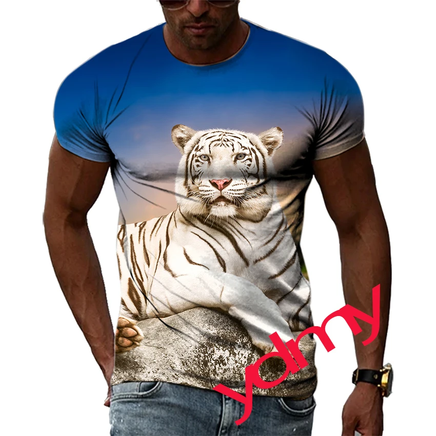 

Summer Fashion White Tiger Picture T-Shirts For Men Casual 3D Print Tees Hip Hop Personality Round Neck Short Sleeve