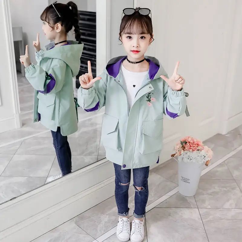 

Windbreaker Teenage Spring Jacket Girls Winter Hooded Outerwear Trench Autumn Clothes Embroidered Coat Clothing Children's Girls