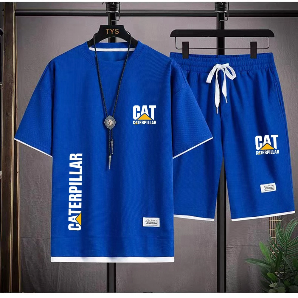 European Round Neck Short Sleeve+Shorts Two Piece Set CAT Letter Printing Summer Casual Men's T-shirt Waffle New Set Large Men's