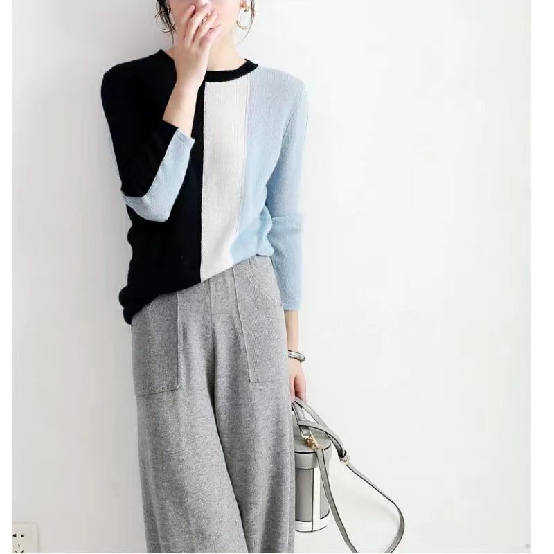 Counter Shopping Mall Withdrawal Clearance Leak-Picking Overplus Order Women clothes Small round Neck Contrast Color Knit Gen...