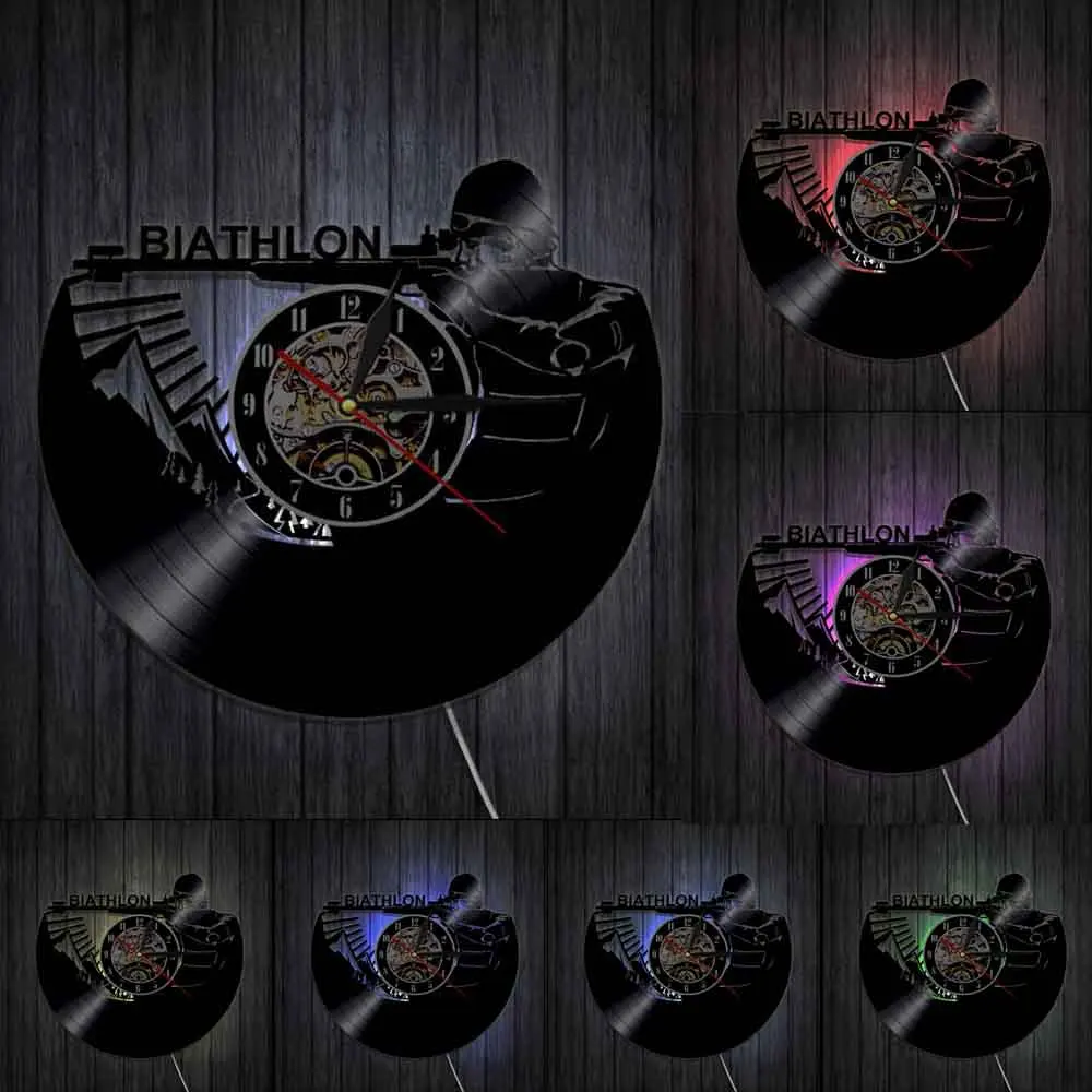 

Biathlon Cross-country Skiing Rifle Shooting Vinyl Record Wall Clock Winter Sport Living Room Decor Shooting Rock n Roll Gift