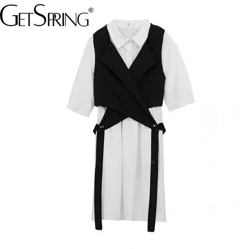 

GetSpring женское платье 2022 свободное белое платье-рубашка для отдыха с рукавом до локтя и черным коротким жилетом на шнуровке комплект из двух ...