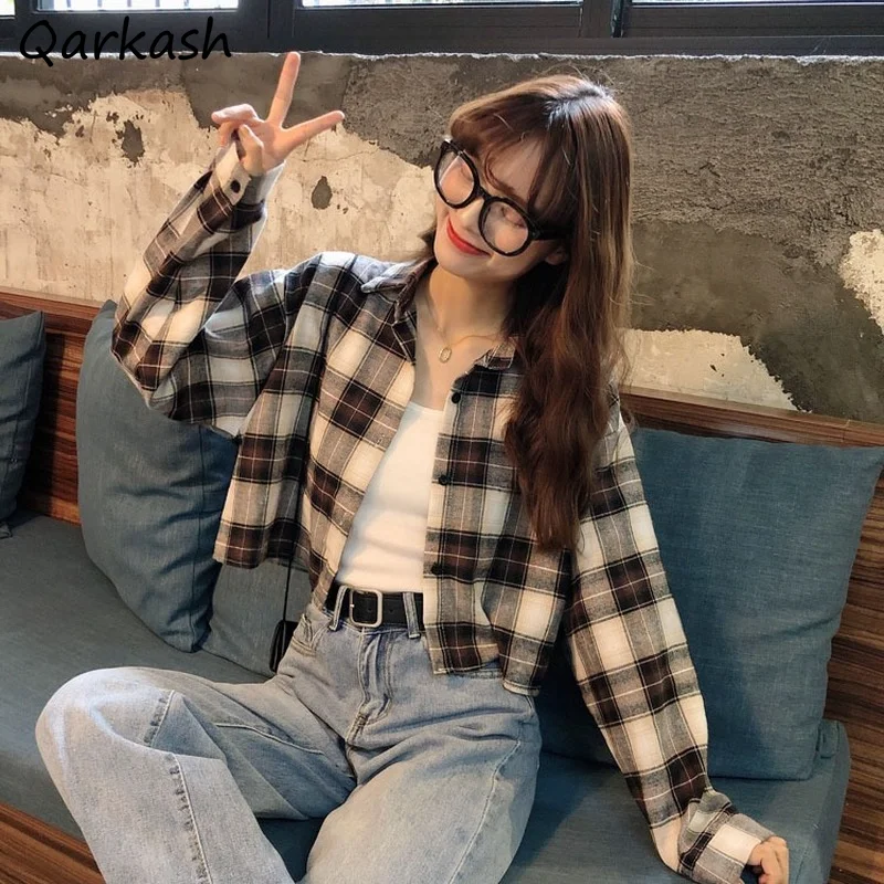 Cropped Plaid Shirts Women Retro Vintage Long Sleeve Straight Harajuku Stylish Design All-match Casual Korean Style Aesthetic