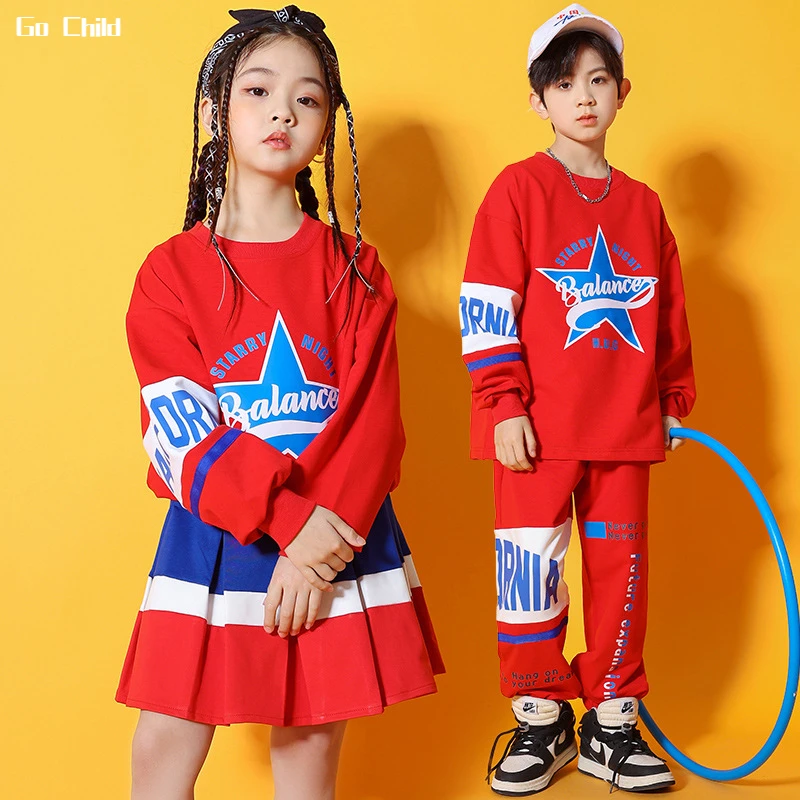 

Girls Hip Hop Top Contrast Sports Skirts Boys Sweatshirt Street Dance Pants Kids Jazz Cheerleader Clothes Sets Child Streetwear