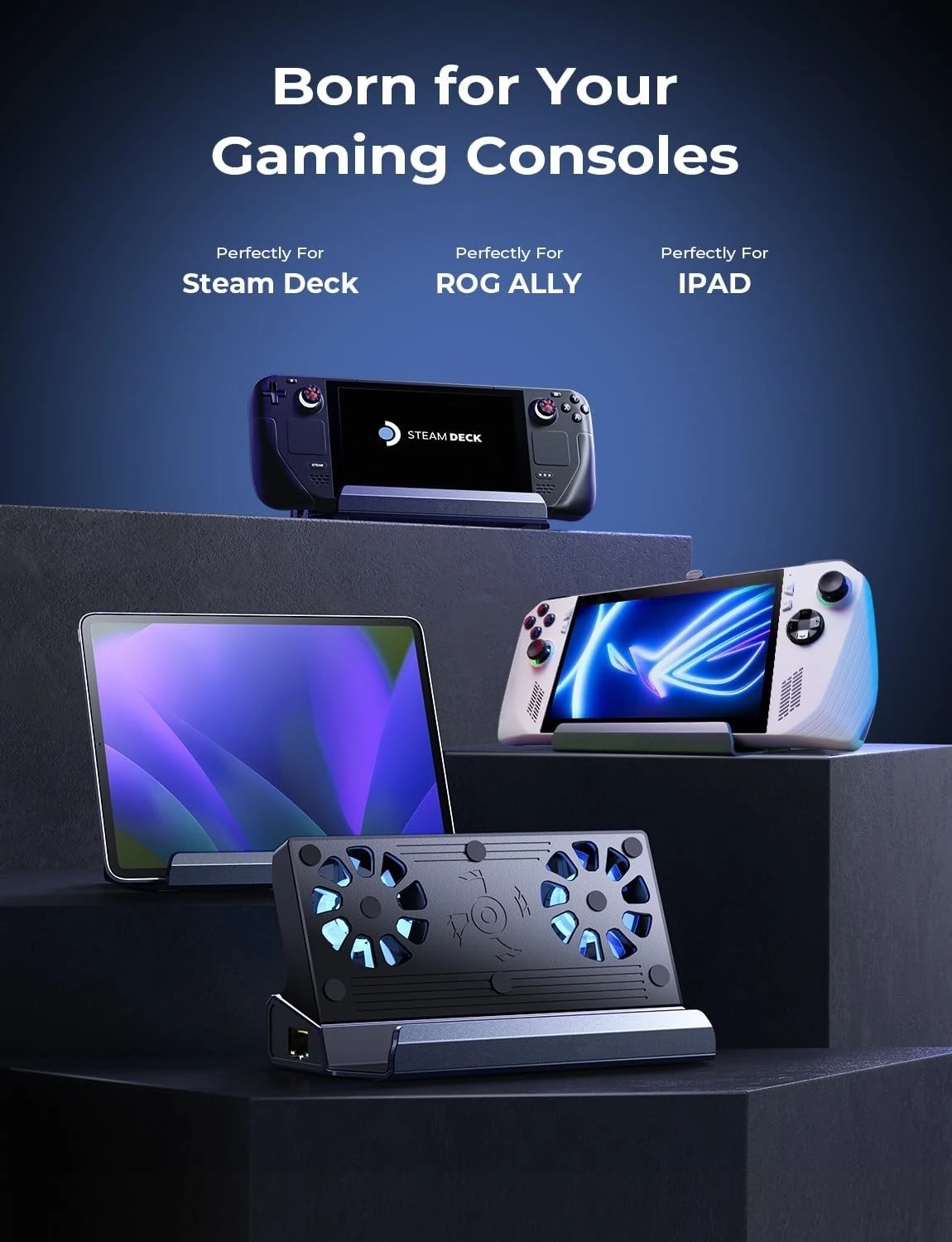 Фото Док-станция 13-в-1 для Steam Deck OLED&ROG Ally X&Legion Go, двойной вентилятор охлаждения, 5 USB-портов и 4K при 60 Гц, порт для зарядки 100 Вт №4