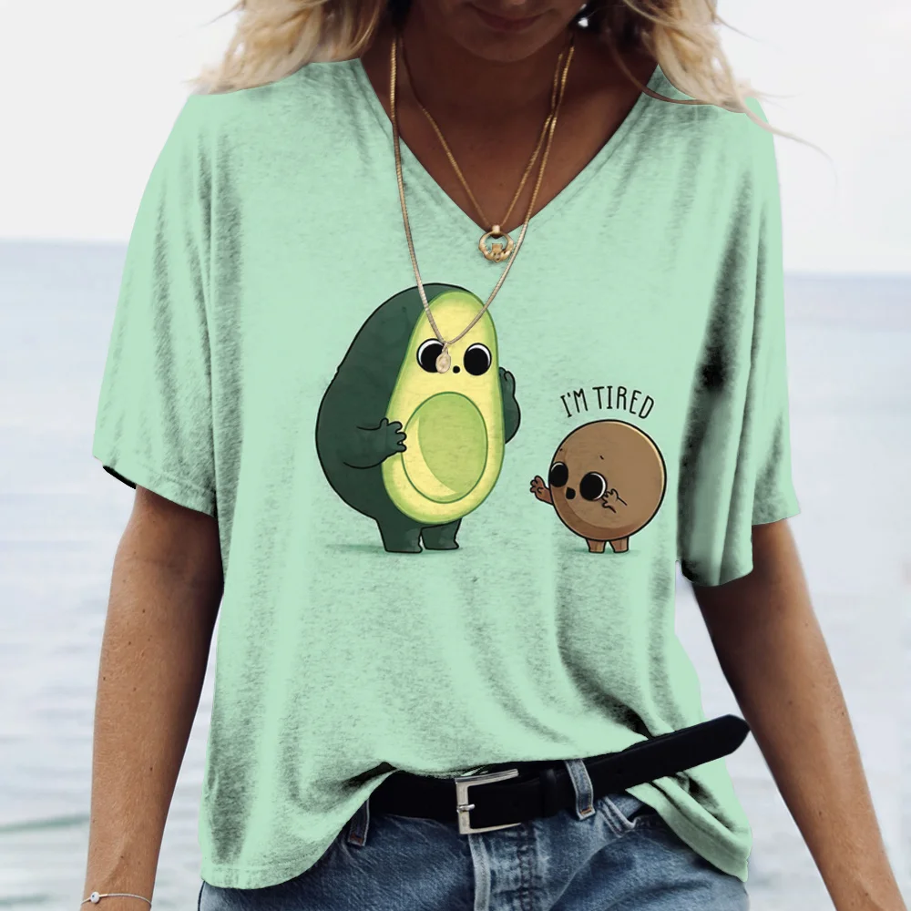 

V-neck Women's T-Shirt Avocado Print Fashion Clothes Summer Short-Sleeved Harajuku Oversized T-shirts Harajuku Casual Tops