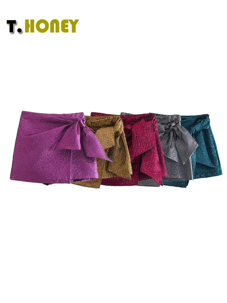 

TELLHONEY Women Fashion Solid Color Side Zipper Front Pleats Bow Decoration Skort Female Casual A Line Slim High Waist Shorts