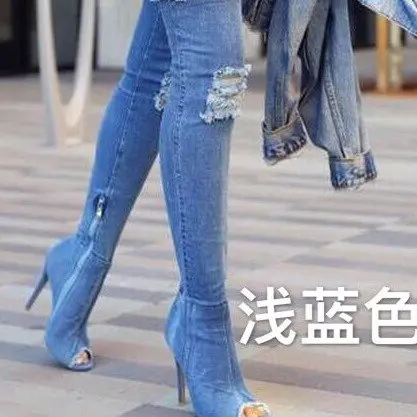 

Women Boots 2023 Spring Thigh High Boots Denim Boots Women High Heels Women Shoes Peep Toe Tassel Jean Boot Ladies Shoes Boots