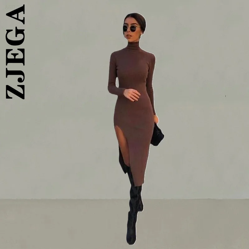 

Zjega Women New Dress Stylish Long Sleeves High-Neck Side High Split Midi Dress Girl Korean Ladies Dress Female Woman Clothes