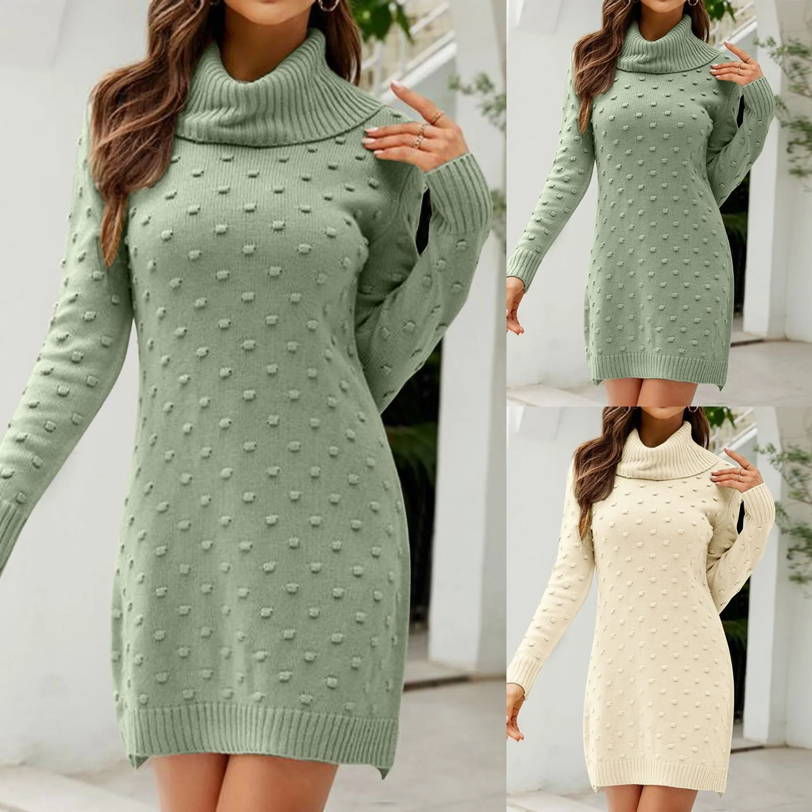 

Women Midi Dress Autumn And Winter Women's Solid Color Long High Collar Slim Knitted Sweater Dress