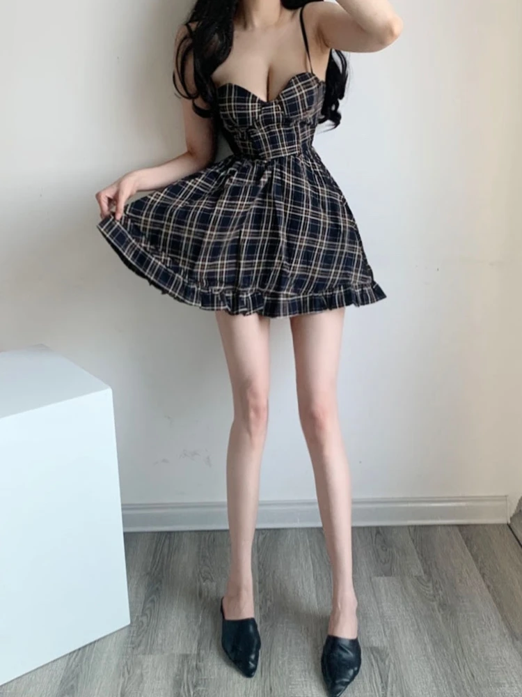 Женское платье на бретельках винтажное в клетку стиле ретро без рукавов E194 лето