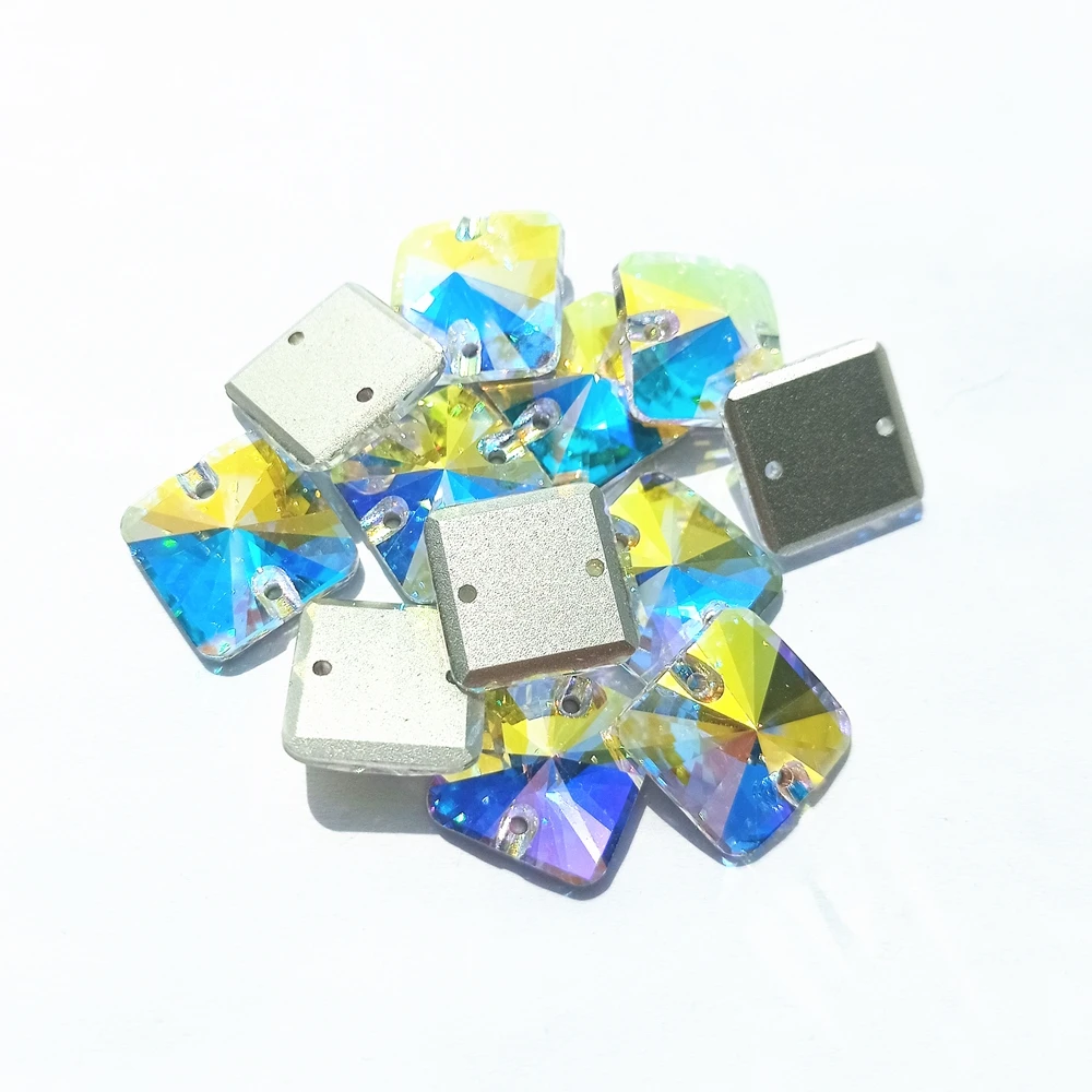 

Rivoli Square Shape High Quality Glass Sew On Stones 10/12/14mm Glitter Crystal AB Flat Back Rhinestones for DIY Sewing Clothes