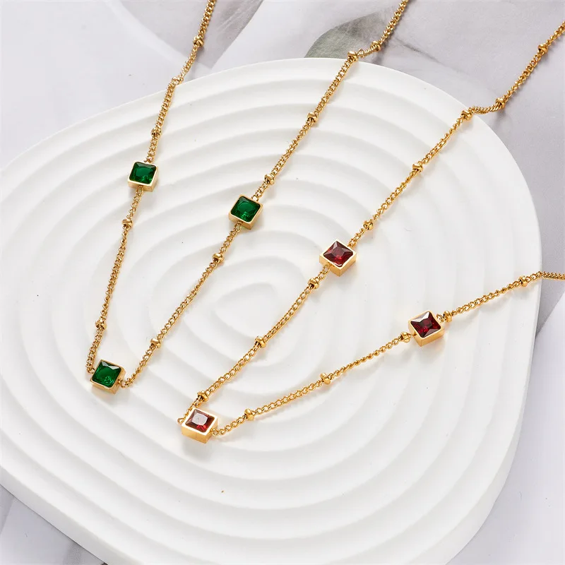 

HIYONG Green Zircon Choker Necklace Stainlesss Steel Chain Necklace Square Shaped Collar Necklaces Fashion Women Girls Jewelry