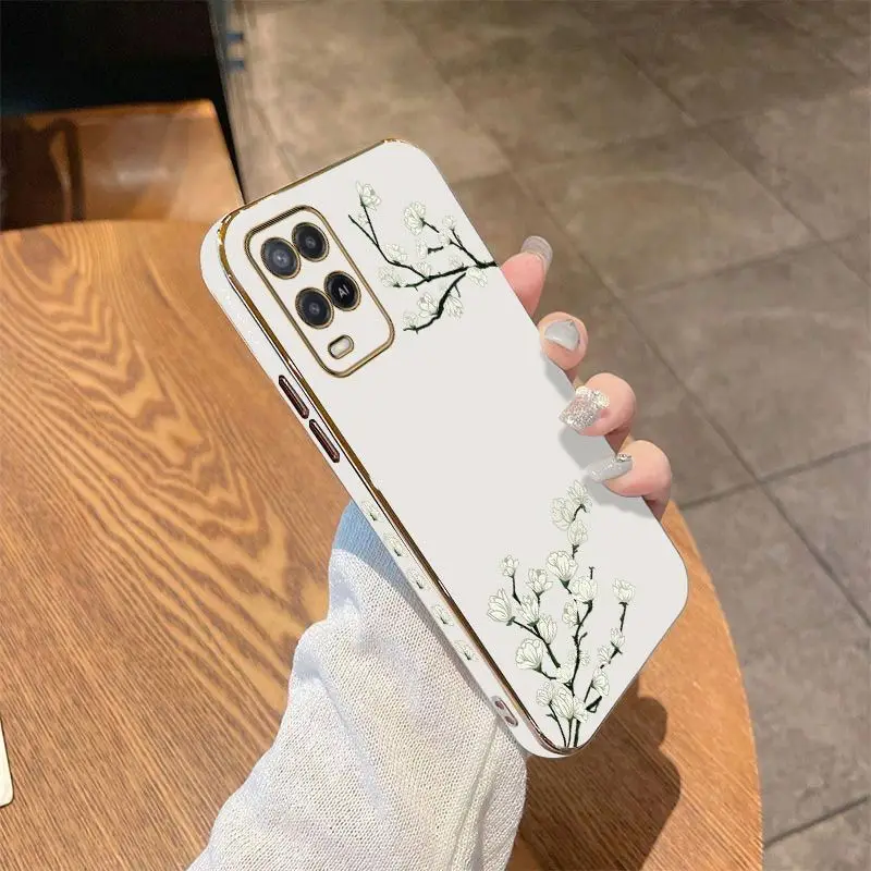 White Plum Blossom Luxury Plating Phone Case For Oppo A15 A15S A16 A16K A76 A77 A78 A53 A54 A55 A92 A94 A95 A83 F19 Cover