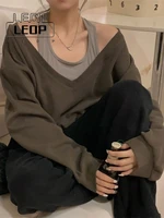 ledp sexy brown sweatshirt y2k aesthetic korean fashion patchwork off shoulder hoodie fake two piece jacket backless top
