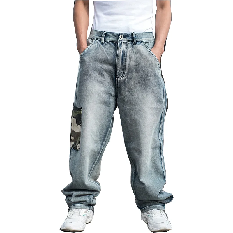 2022 Men's Loose Straight Camo Pocket Hip Hop Skateboard Wide Leg Jeans Light Blue Plus Size 46