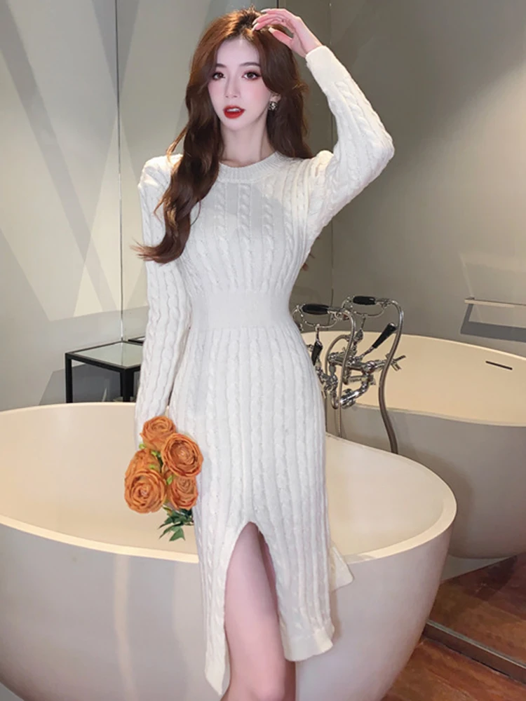 

Женское трикотажное платье-свитер средней длины, облегающее эластичное платье с вырезами и винтами, Осень-зима