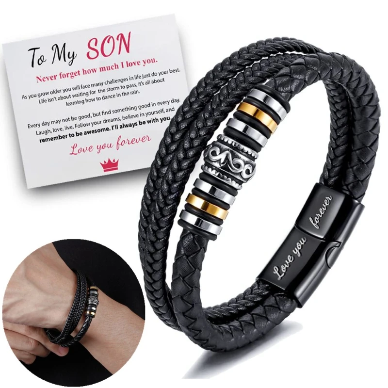 

Braided Leather Bracelet To My Son ‘I Will Always Be with You 'Braided Leather Bracelet for Men Men Double Row Magnetic Closure