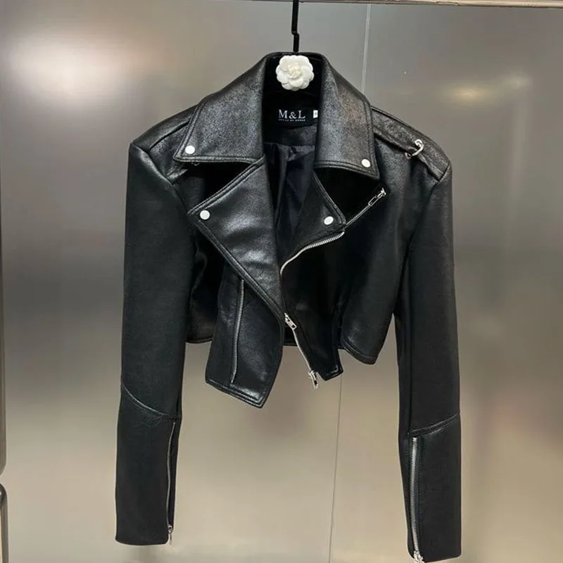 1pcs Women's PU Leather Short Jackets Coat 2022 Autumn Faux Fur Zipper Splicing Irregular Ladies Skinny Locomotive Small Coats