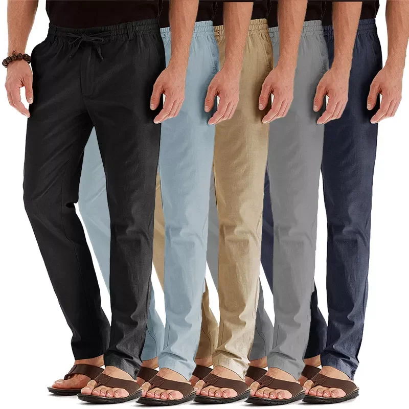 

NEW IN Casual Pants Men Business Straight Breathable Cotton Linen Trousers Male Slim Fit Elastic Waist Khaki Men's Pants EUR