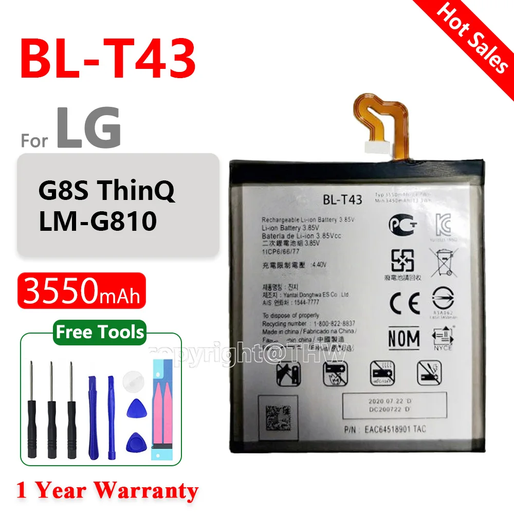 

Genuine 3550mAh BLT43 BL-T43 Replacement Battery For LG G8S ThinQ LM-G810 BL T43 Mobile Phone Batteria Batteries+Free Tools