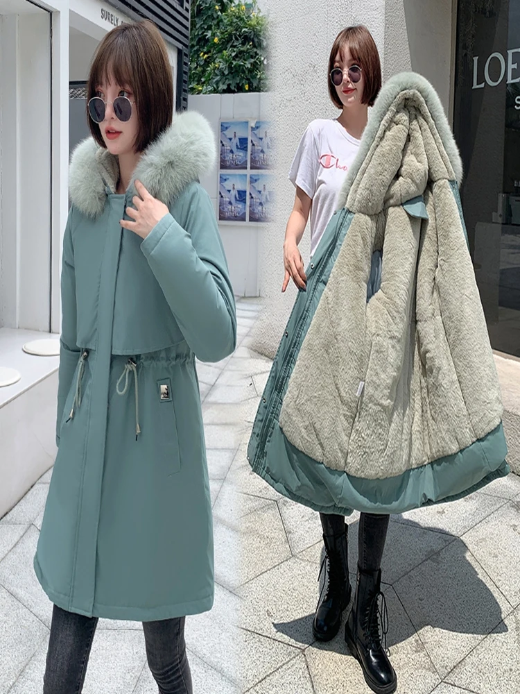 2022 New Winter Jacket Women Parkas Warm Fur Collar Jacket Long Hooded Parka Coat Female Fur Lining Thick Office Lady Streetwear