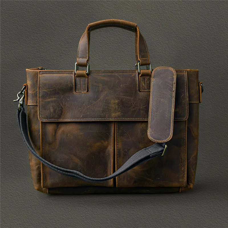 Retro fashion high quality natural crazy horse cowhide men shoulder diagonal bag daily business lawyer office portable briefcase