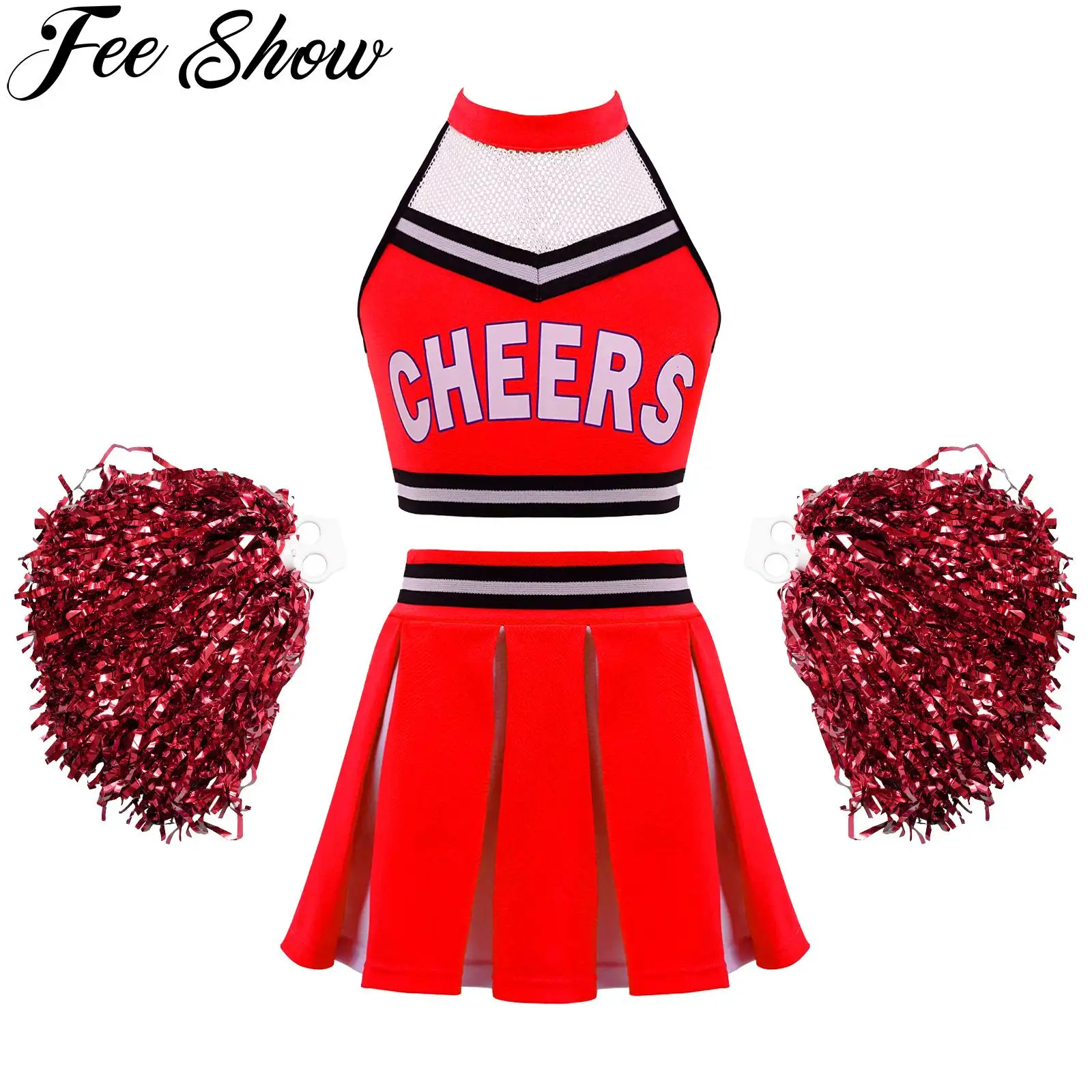 Kids Girls Cheerleading Uniform Dance Costume Halter Mesh Patchwork Letters Printed Crop Top with Pleated Skirt and Pompoms Sets
