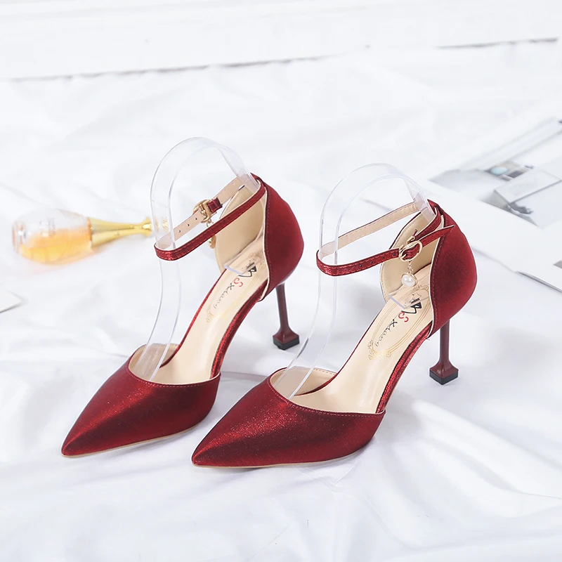 

Модные однотонные женские туфли на высоком каблуке, Новинка лета 2023, сетчатые красные привлекательные Повседневные Удобные туфли с одной пряжкой для девушек