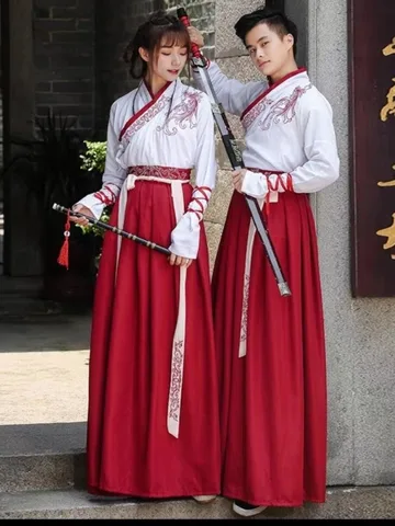 Китайское платье, корейский стиль ханьфу, бело-красные мужские и женские платья, кимоно с вышивкой в китайском стиле для косплея, традиционная китайская одежда