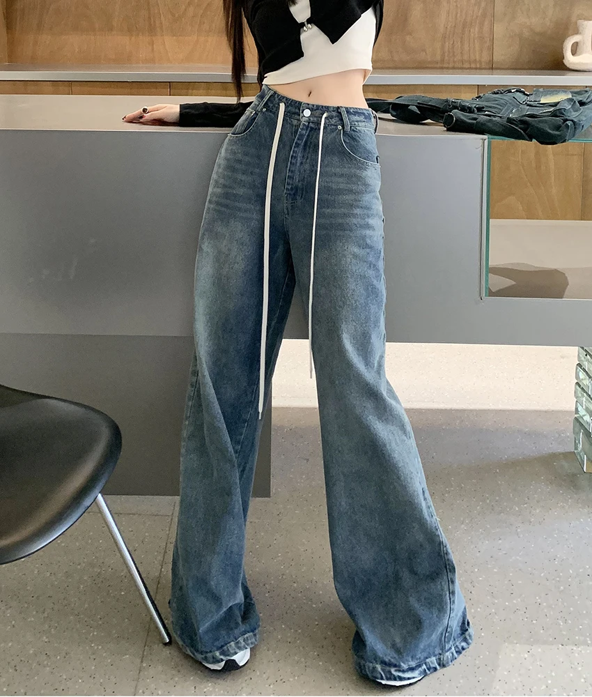

2023 Summer New Fashion Drawstring Waist Female Jeans Korean Style Long Loose Woman Denim Trousers Young Girls Vintage Pants