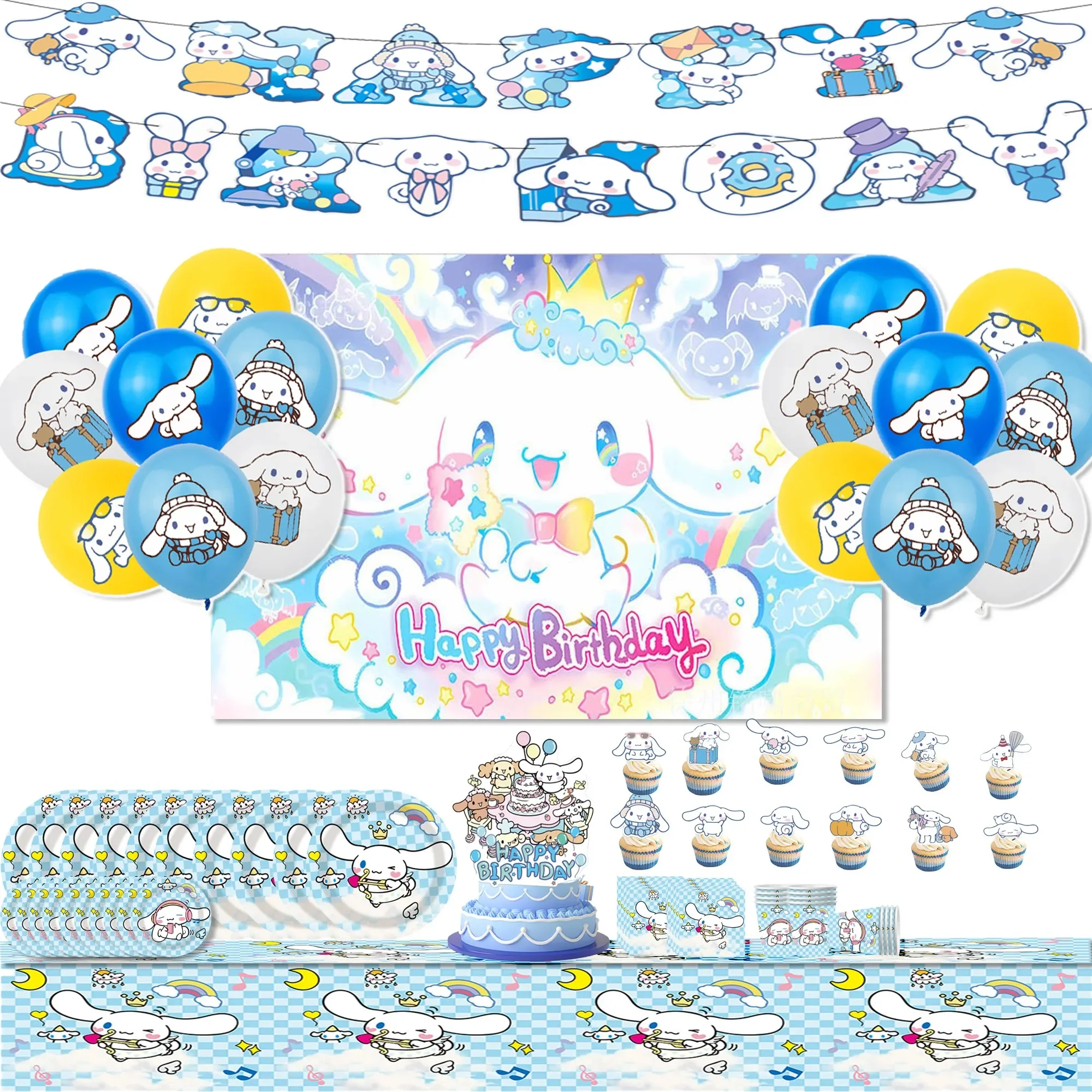 Sanrio series Birthday Party dinnerware Disposable Banner Cake Topper Hanging Flag Cute Cinnamoroll Balloons Decoration