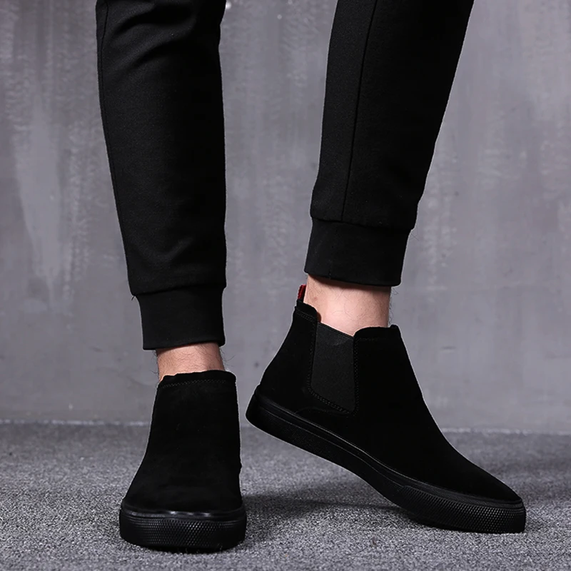 

mens boots casual flats shoes black trend cow suede leather chelsea boot spring autumn handsome cowboy platform ankle botas mans