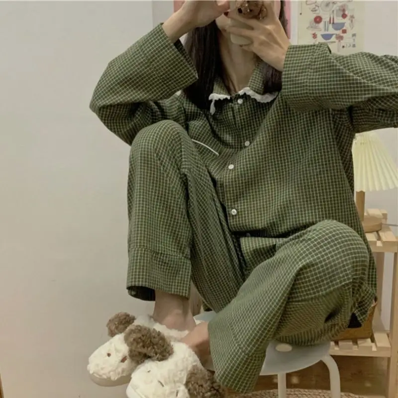 Plaid Casual Pajama Sets Women Single Breasted Ins Japan Turn-down Collar Nightwear Spring Autumn Elastic Waist Homewear New