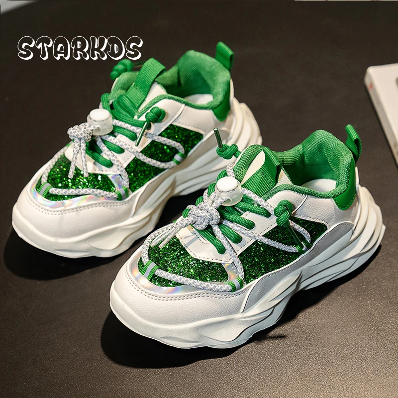 Sparkly Glitter Sneakers Girls Fashion Thick Sole Sport Shoes Children 2023 Spring New Casual Tennis Zapatos in Pink Green enlarge
