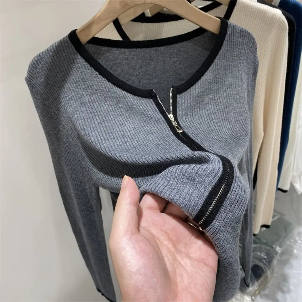

Zipper Front Grey Color Women Knit Sweater Fall Full Sleeves O-Neck Strech Slim Fit Lady Jumpers Y2k Clothes